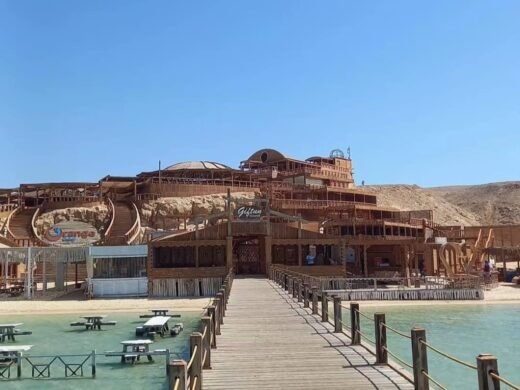 Wooden pier leading to the Orange Bay island resort and restaurant on Giftun Island in Hurghada