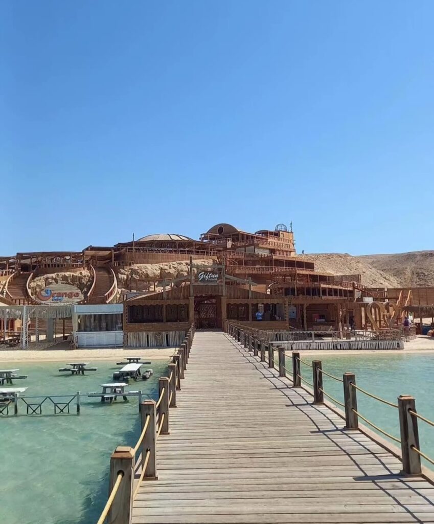 Wooden pier leading to the Orange Bay island resort and restaurant on Giftun Island in Hurghada